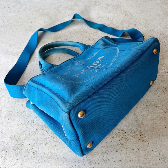 🩵 Vintage PRADA Canapa Mini Tote Bag Purse Blue - Picture 3 of 9